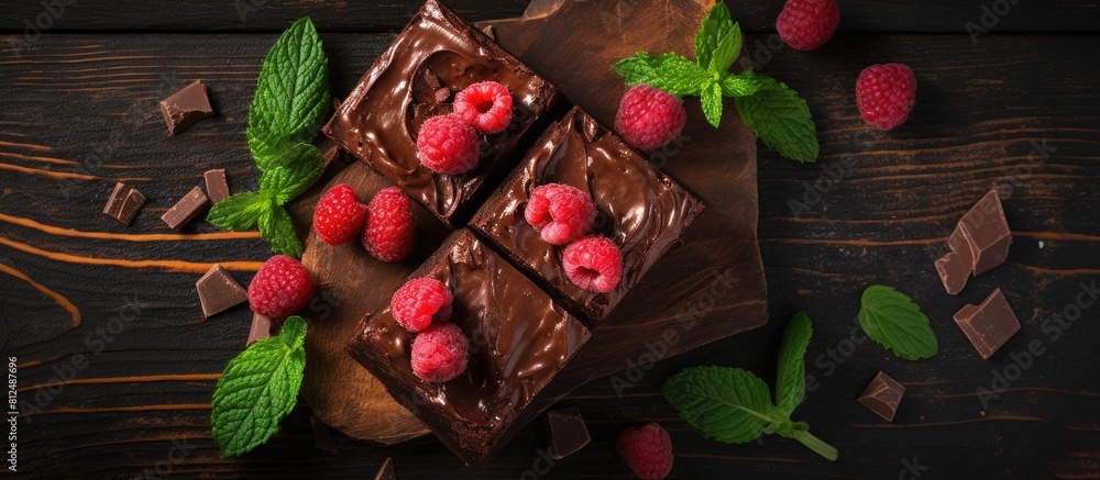 Poster a close up top view of square homemade brownies with a dark chocolate spread paste topped with raspb