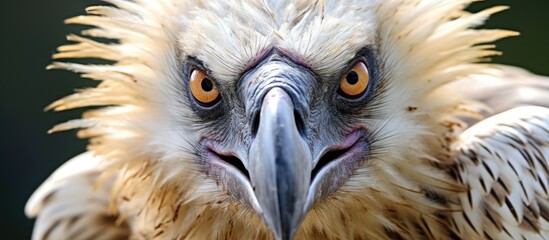 Close up of the head of a griffon vulture showcasing its powerful and distinctive features Copy space image