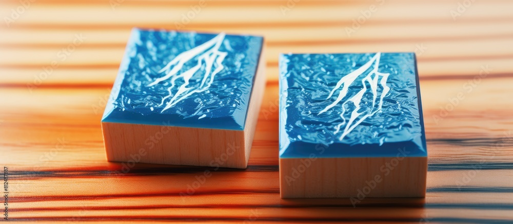 Poster Close up view of isolated abstract blue and orange wood type stamps with lightning or thunder motifs set against a wooden background Ample copy space is available in the image