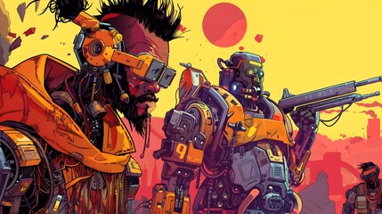 Vibrant Pop Art Depiction of Futuristic Technomancers Wielding Powerful Robotic Constructs in Battle