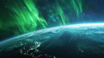 Witness Earth's vibrant embrace by swirling auroras during a maximum geomagnetic storm, their luminous glow contrasting the vast darkness of space.