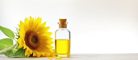A close up of a yellow sunflower flower on a white background with a sunflower oil bottle nearby highlighting its natural origin from agriculture and farming. Creative banner. Copyspace image