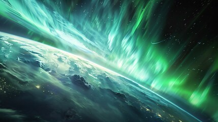 Earth, ablaze with vibrant auroras during a solar storm, showcasing the vast, swirling curtains of the aurora borealis and australis.