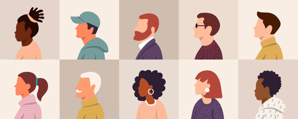 Face side view. People avatar, woman and man portrait in minimal flat style. Art character international person. Male and female head different hairstyle. Design set cartoon doodle vector illustration