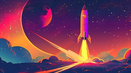 Spaceship takes off into the sky. Rocket starts into space. illustration