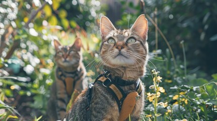 Cats with a harness in a garden being looked after by a pet sitter