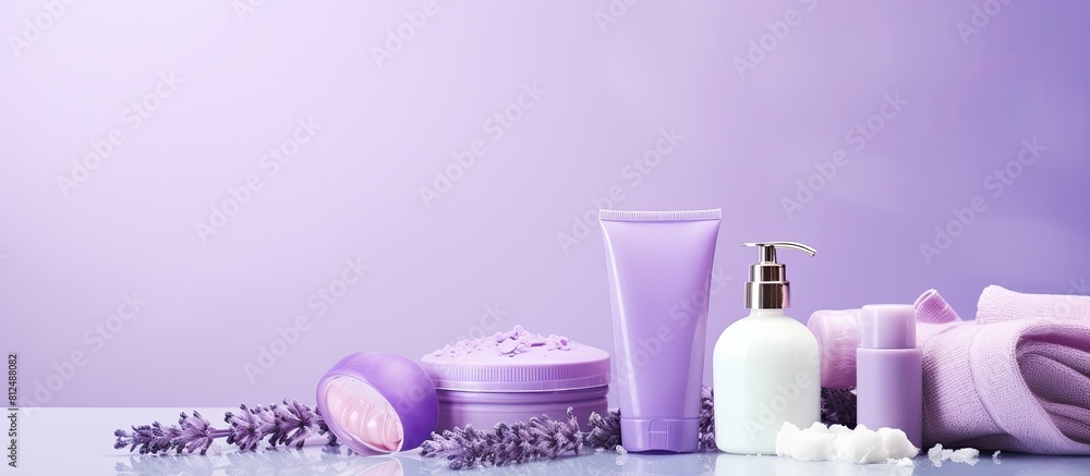Poster lilac background with a collection of bath supplies and cosmetic products creating a copy space imag