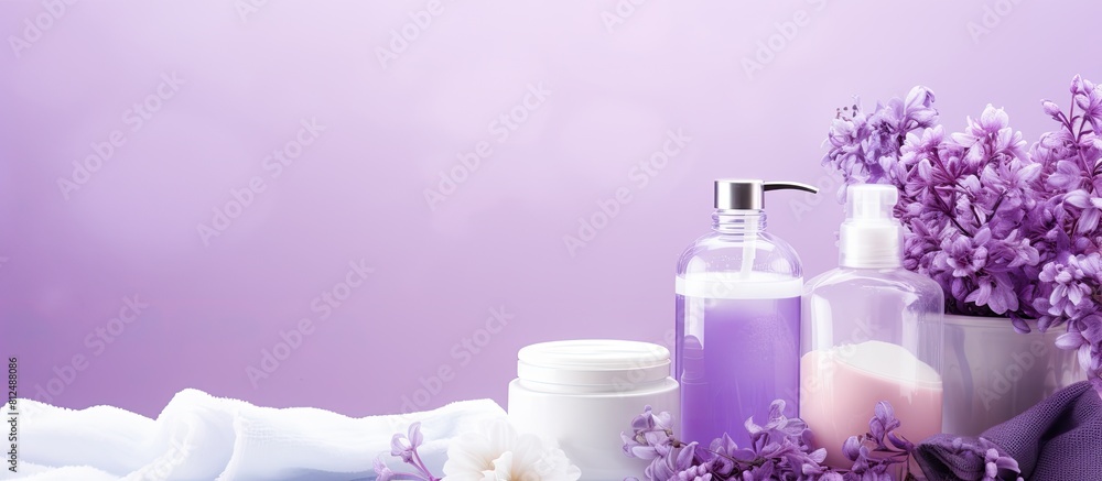 Aufkleber lilac background with a collection of bath supplies and cosmetic products creating a copy space imag
