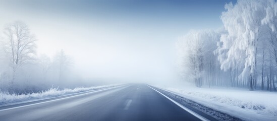 Cold foggy morning on a road with winter scenery and copy space image