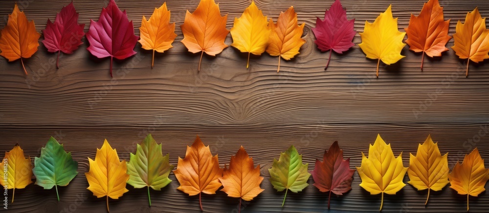 Poster autumn colored leaves arranged in frames against a wooden backdrop providing ample copy space for im