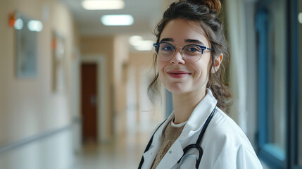 Young nurse wearing glasses and a white coat in a hospital corridor