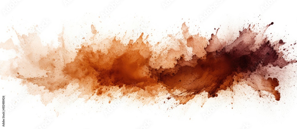 Poster Colorful brown powder texture with abstract splatters on a white background creating a captivating copy space image
