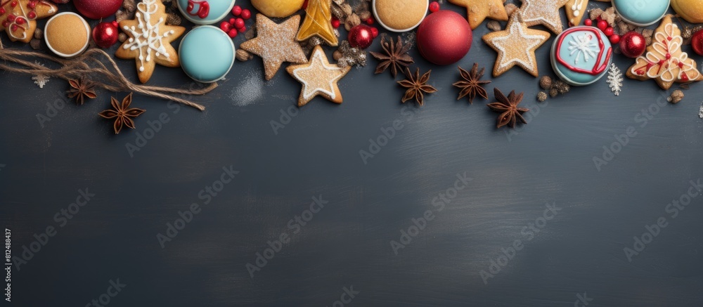 Poster Colorful Christmas decorations and cookies arranged in a festive frame on a background leaving empty space for an image. Creative banner. Copyspace image