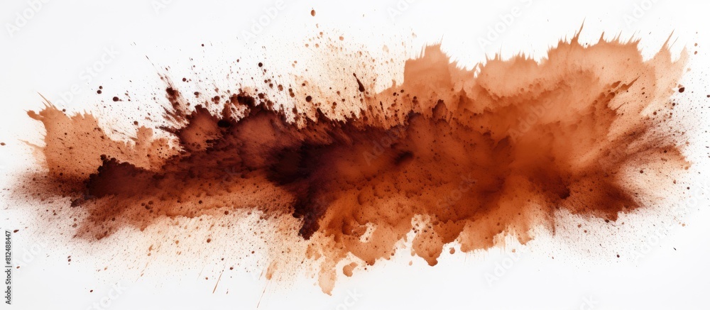 Poster Colorful brown powder texture with abstract splatters on a white background creating a captivating copy space image