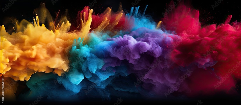 Poster Colorful powder exploding creating an abstract pattern on a black background The freeze motion captures the vibrant energy of the image. Creative banner. Copyspace image