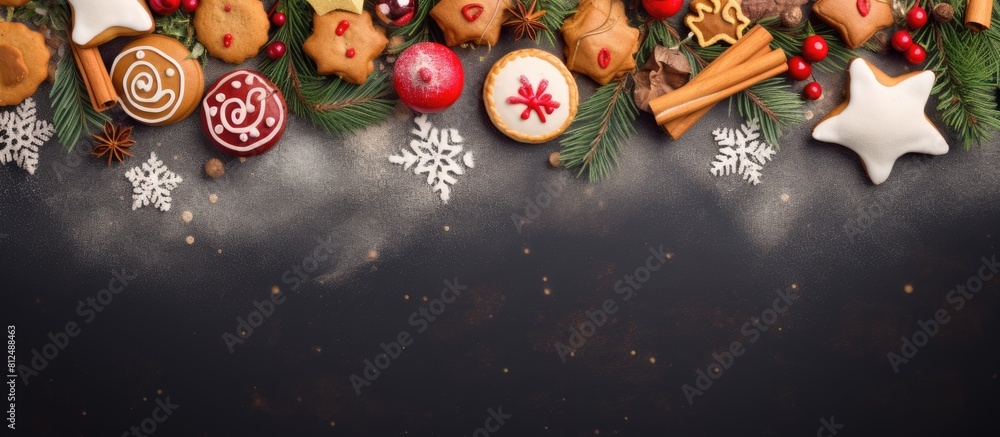 Poster Colorful Christmas decorations and cookies arranged in a festive frame on a background leaving empty space for an image. Creative banner. Copyspace image
