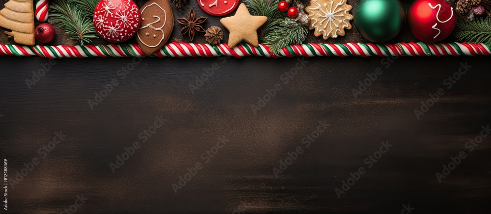 Poster Colorful Christmas decorations and cookies arranged in a festive frame on a background leaving empty space for an image. Creative banner. Copyspace image
