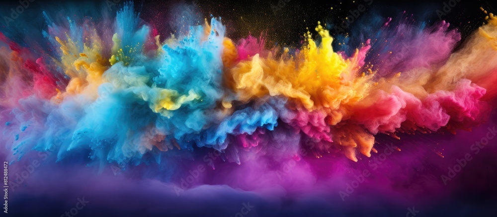 Poster Colorful powder exploding in mid air creating an abstract background with a mesmerizing mix of vibrant colors and glitter Perfect for a copy space image