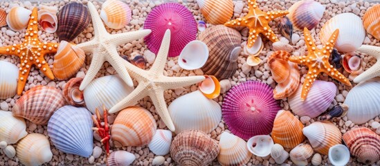 Colorful background with sea shells and starfishes perfect for adding text Copy space image