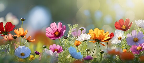 Colorful flowers in a garden with a green background and copy space image