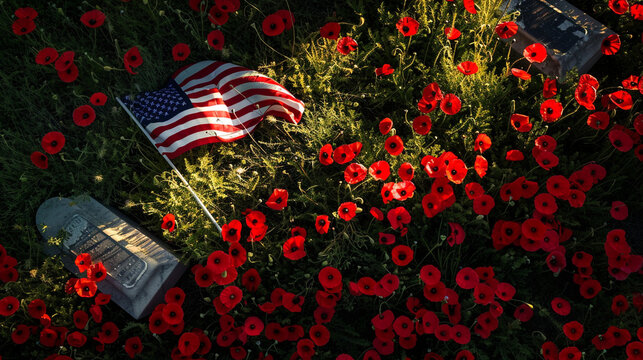 A solitary American flag casting a shadow over a tombstone surrounded by red poppies providing a solemn and respectful image for Memorial Day wishes.