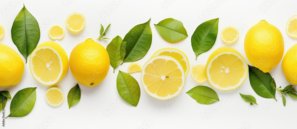 Aufkleber A lemon complete with leaves and slices is shown isolated on a white background allowing for copy space to add your own text The photograph is taken from a top down perspective known as a flat lay