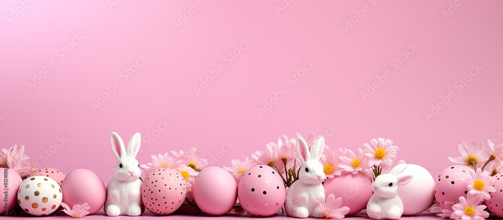 Aufkleber a festive easter composition with colorful eggs bunny ears and flowers on a pink background perfect 