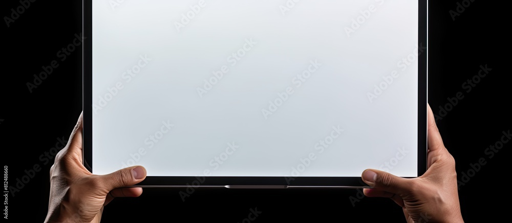 Poster a computer laptop being held by a hand with a blank screen against a white background copy space ima