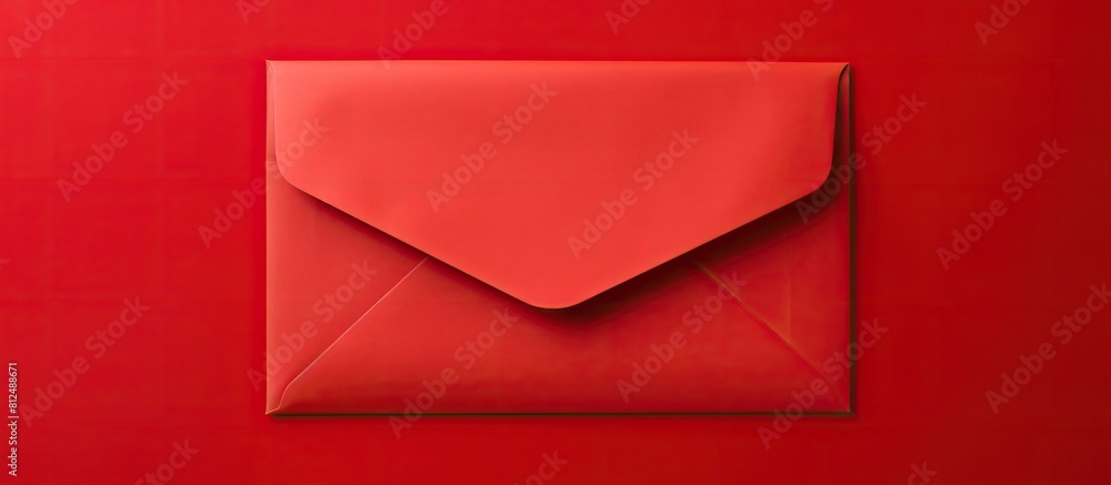 Poster red background with a composition of a paper envelope the image is a flat lay mockup on a tabletop w