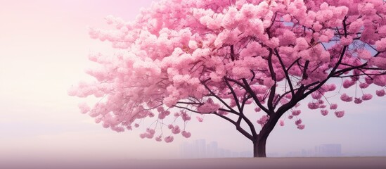 Fototapeta premium A beautiful pink blossom tree commonly known as cherry blossom creating a serene and picturesque environment Copy space image
