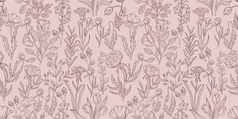 Flower pattern. Floral drawing background, bell and peony, herb leaf. Garden art, beautiful classic fabric design. Spring rose and tulip. Surface ink line old style. Vector seamless garish wallpaper © Natalia