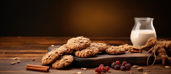A healthy snack concept featuring homemade oatmeal cookies displayed on a wooden board against the backdrop of an old table Perfect for copy space image