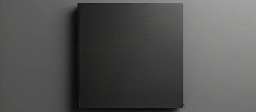 Minimal design concept featuring a mockup photo of a blank black notebook with a copy space image The notebook sits on a black table allowing for customization with a blank cover template