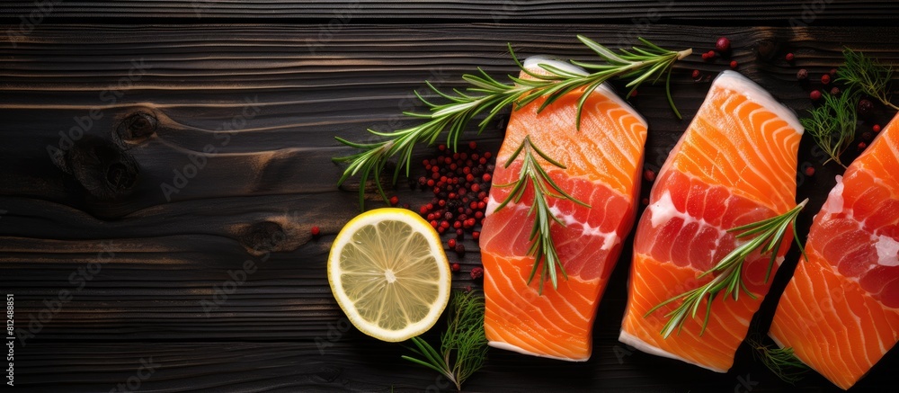 Poster the concept of fish food is visually portrayed by a top down view of salmon steaks on ice adorned wi