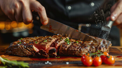 Restaurant chef cutting steak on board in kitchen
