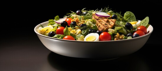 A concept of a proper wholesome dinner salad with healthy nutritious restaurant food Copy space image