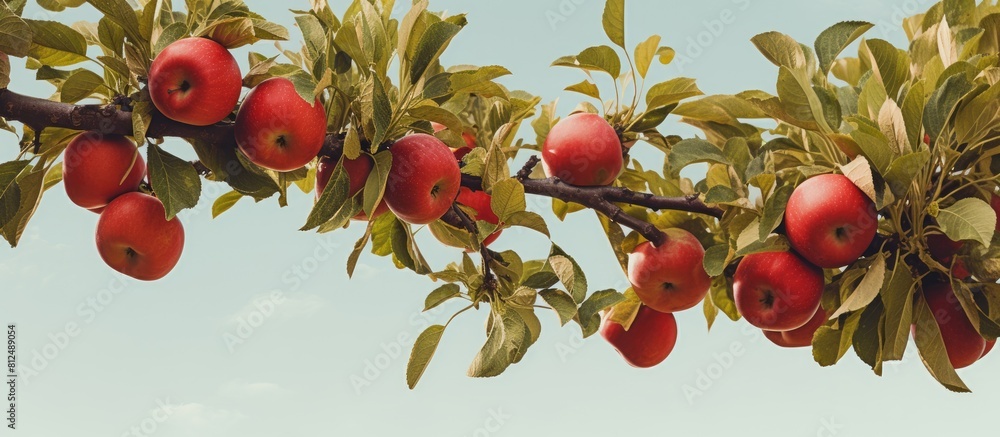 Poster A branch covered in red apples on an apple tree with space for adding text or graphics. Creative banner. Copyspace image