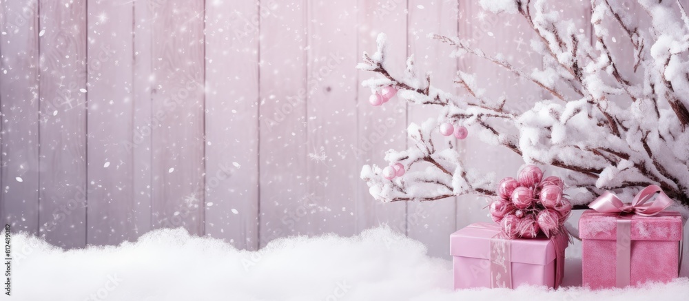 Poster Snow covered Christmas tree branch with a gift box set against a charming pink wooden background providing ample copy space for an image