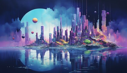 Surrealistic cityscape with floating islands and neon lights, reflecting in calm ocean waters, for a contemporary living room wall art in blue and purple hues
