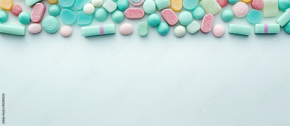 Aufkleber A candy frame creates a background with room for text or images This flat lay view from above features pastel turquoise candies. Creative banner. Copyspace image