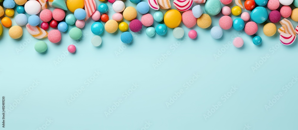Poster A candy frame creates a background with room for text or images This flat lay view from above features pastel turquoise candies. Creative banner. Copyspace image