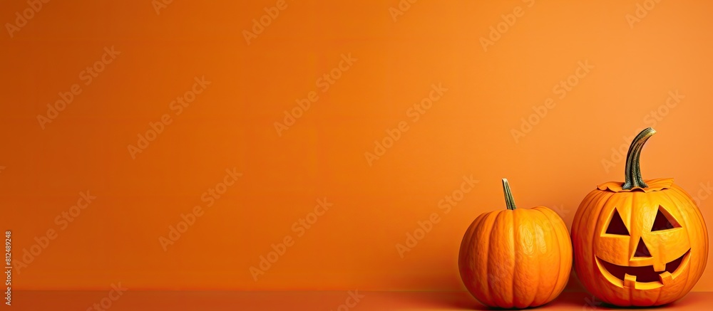 Poster a creatively designed halloween pumpkin sits alone on a yellow background providing ample space for 