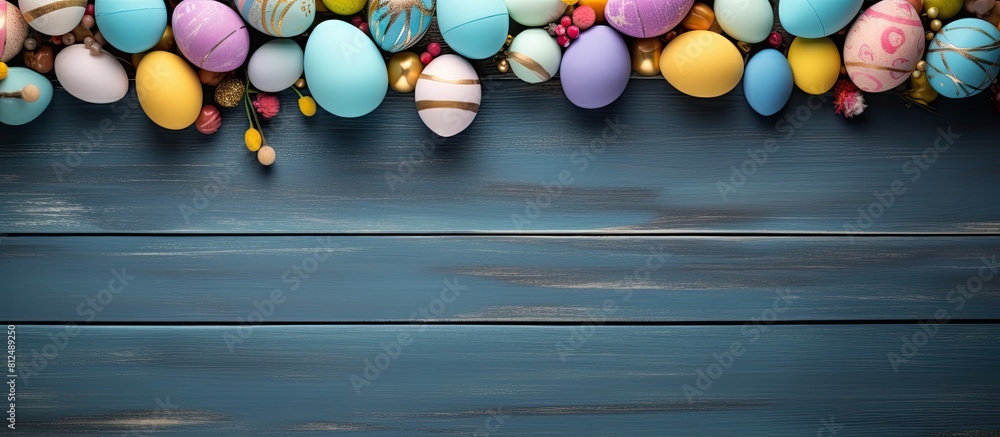 Aufkleber a creative frame surrounds a beautiful arrangement of colorful easter eggs on a blue wooden table wi