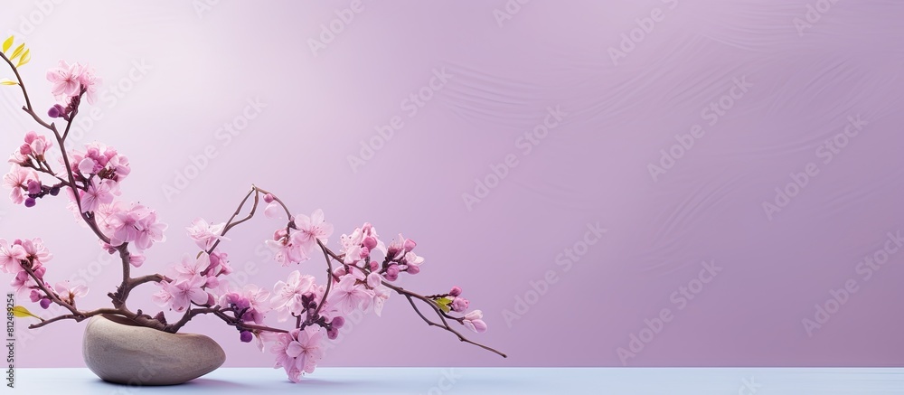 Fototapete A blooming branch on a lilac background with decorative podiums creating a visually appealing copy space image