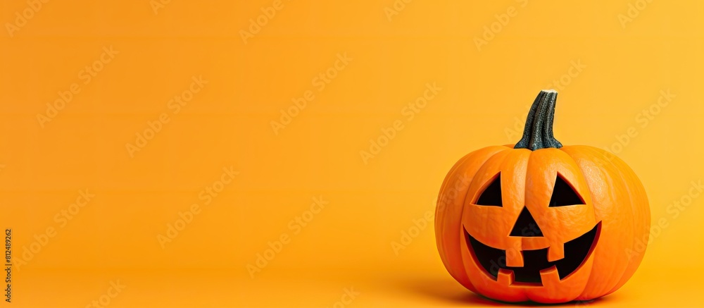 Poster a creatively designed halloween pumpkin sits alone on a yellow background providing ample space for 