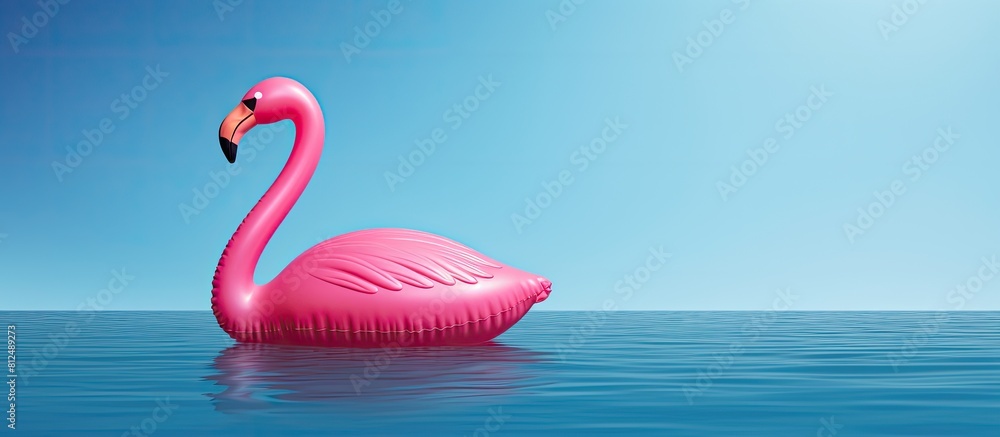 Poster a creatively minimal banner featuring an inflatable pink flamingo pool toy against a blue background