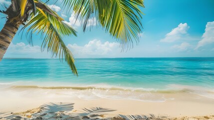 Travel destination, view on sandy beach, sun, sky, white clouds, beautiful landscape, summer holidays, vacation, travel