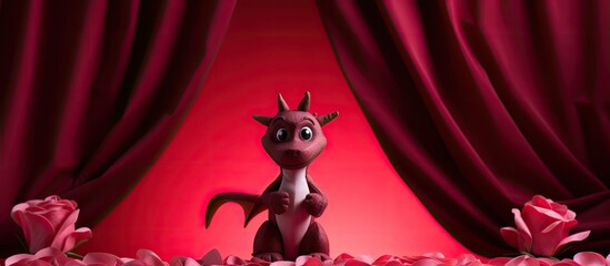 A creative minimal concept for a funny Valentine s Day greeting card featuring a dragon toy with a red pink rose flower placed on a stage with a red theater curtain background There is copy space ava