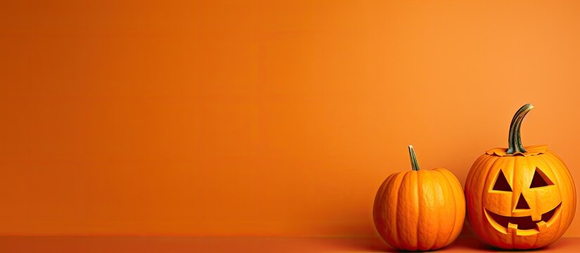 A creatively designed Halloween pumpkin sits alone on a yellow background providing ample space for a copy space image