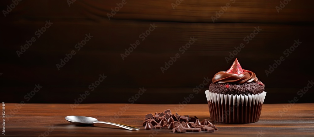 Aufkleber A chocolate cupcake is placed on a wooden table alongside a small spoonful of creamy chocolate The left side of the image is left empty for a banner or text. Creative banner. Copyspace image